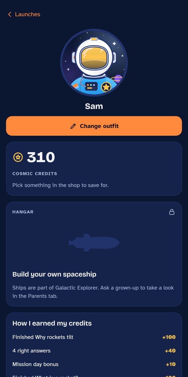 A cadet character in a spacesuit and helmet, with the Cosmic Credits total and a Change outfit button.