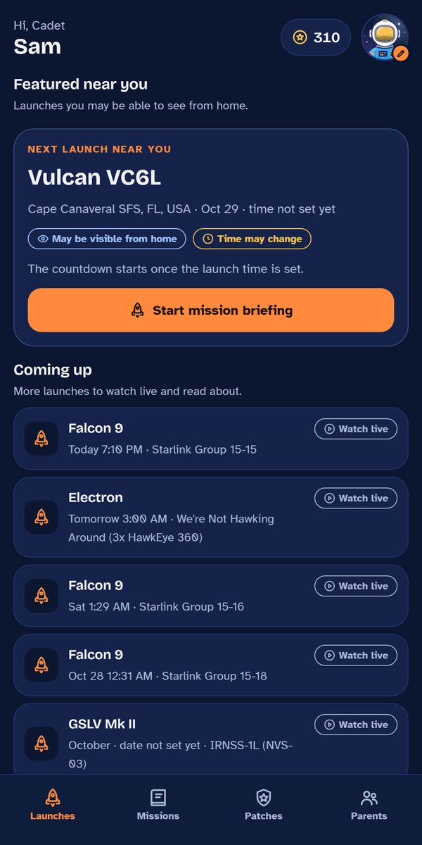 The Launches screen: Featured near you shows a Vulcan launch marked May be visible from home, and Coming up lists more launches.