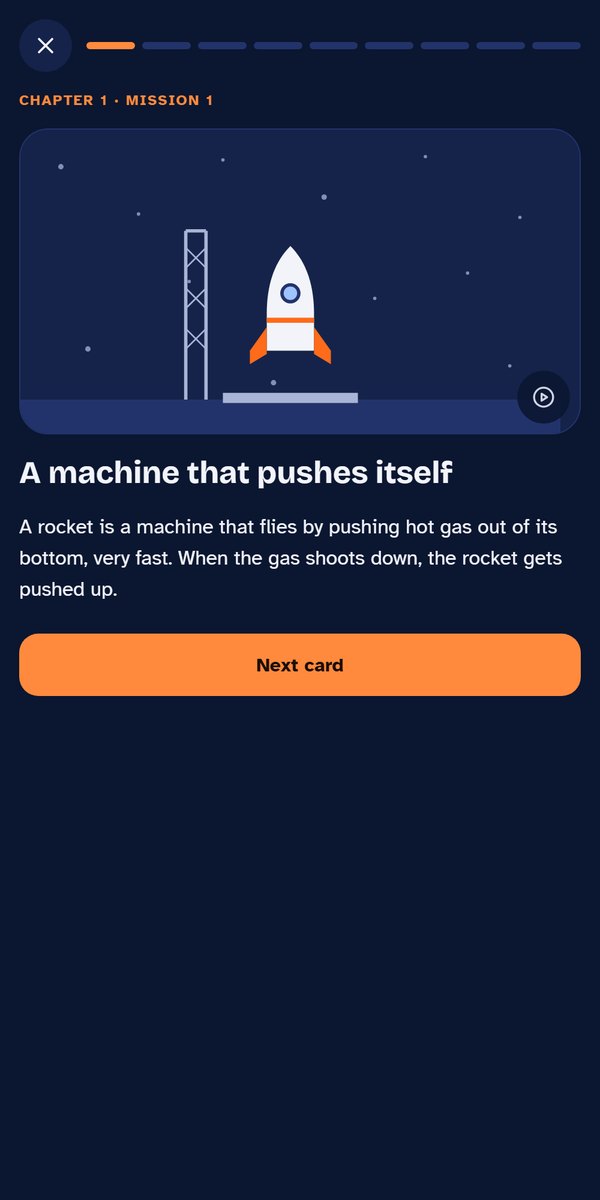 A mission card: A machine that pushes itself, with an animated rocket on its launch pad.