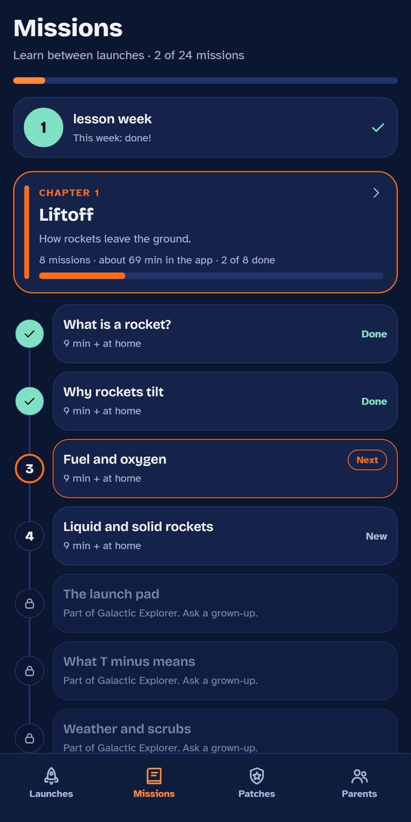 The Missions screen: Chapter 1, Liftoff, with finished, next and new missions, and locked missions further down.