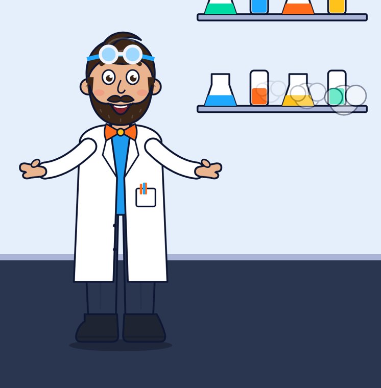 Captain Carl Cosmos in a white lab coat and goggles in his lab.